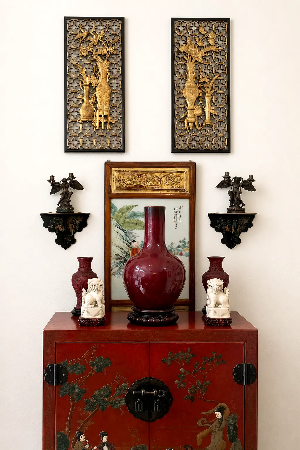 Wandarrangement mit rotem Kabinett und Vase aus Batjas Sammlung