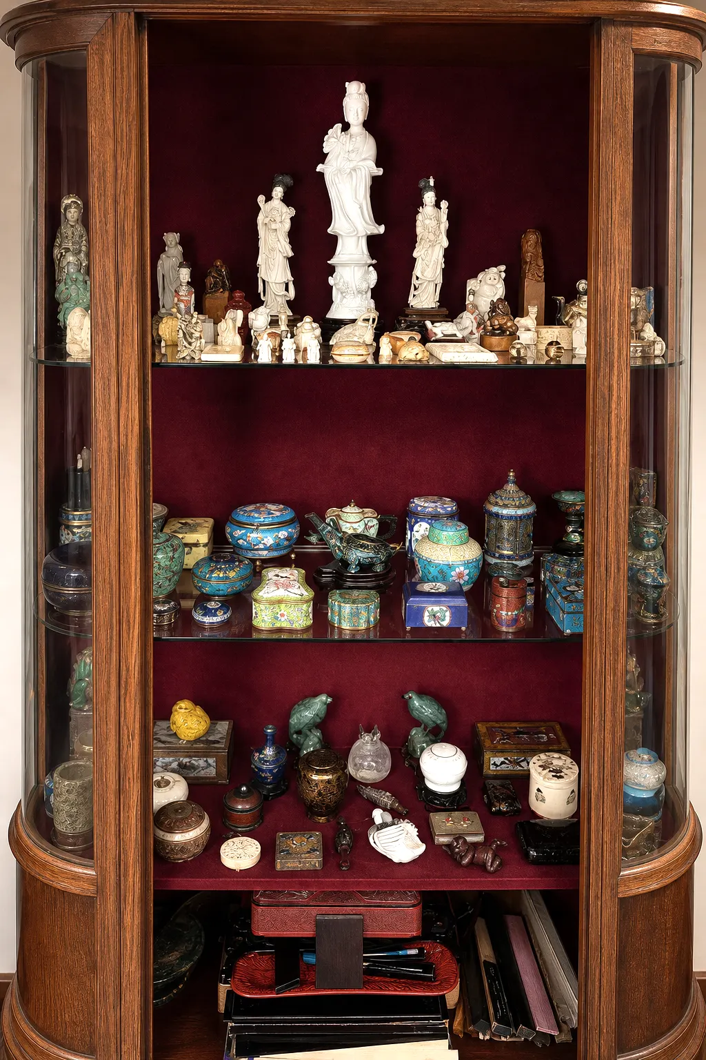 Vitrine mit asiatischen Kunstobjekten aus Batjas Sammlung