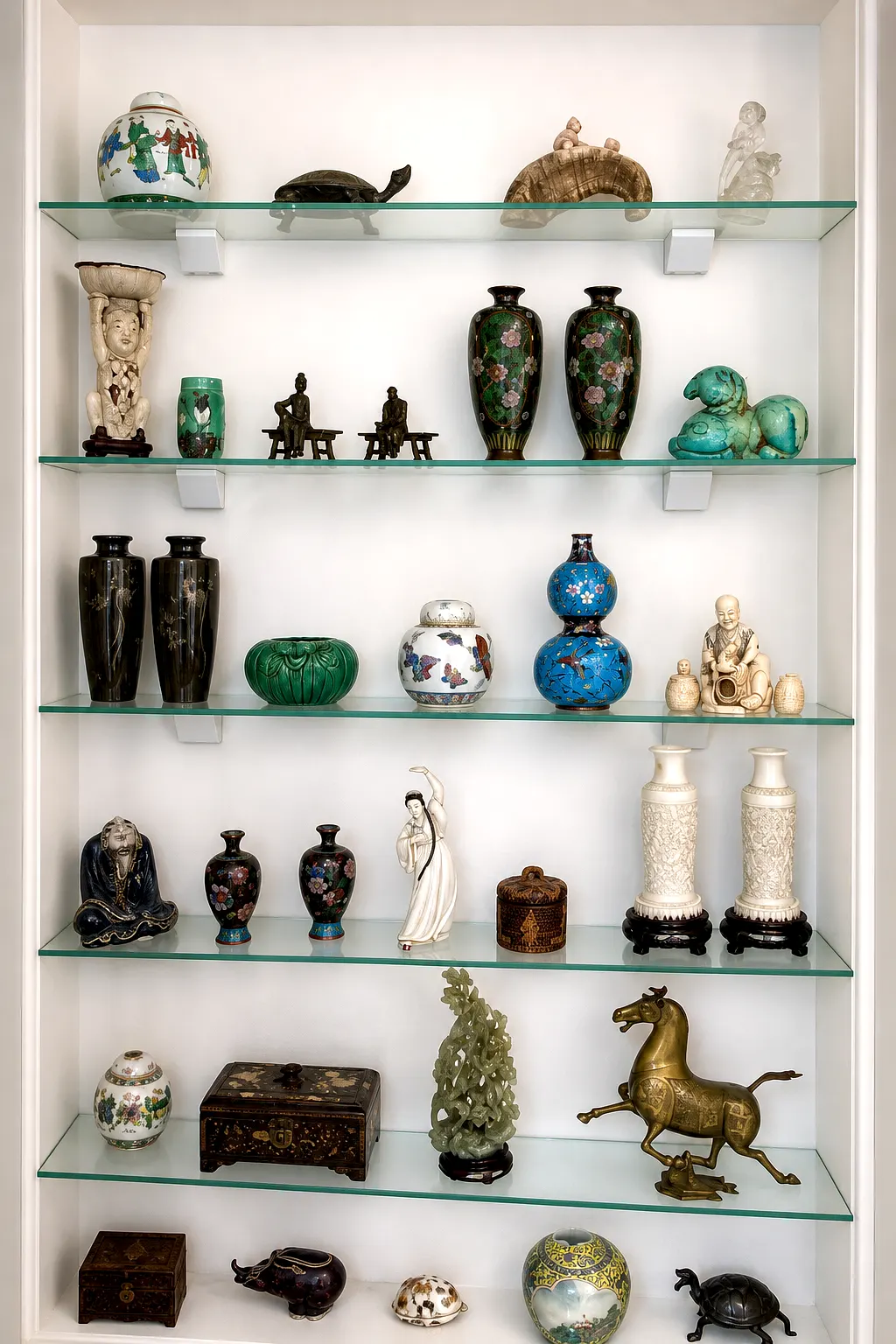Wandnische mit Regalen und asiatischen Kunstobjekten aus Batjas Sammlung